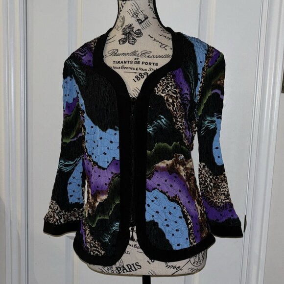 Joseph Ribkoff Jackets & Blazers - Joseph Ribkoff Jacket Size 12 Black Colorful Print Textured Sequin Zipper Womens